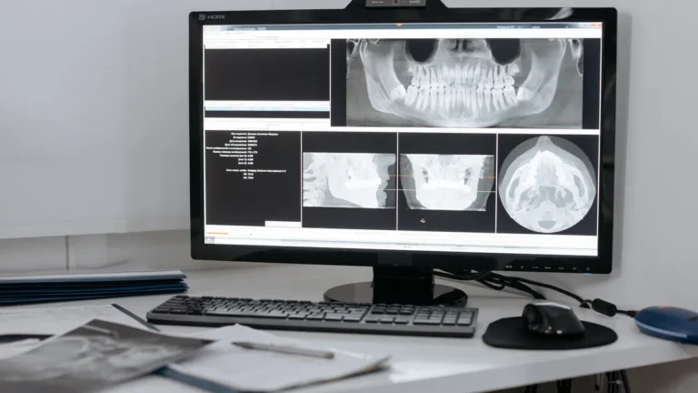 Monitor displaying dental X-ray images in a clinic setup for diagnostic purposes.