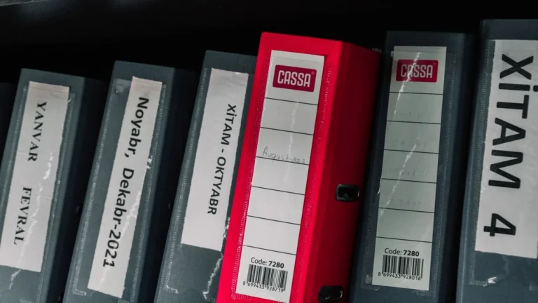 Color-coded office binders organized neatly in a storage shelf, featuring labels and a striking red binder.