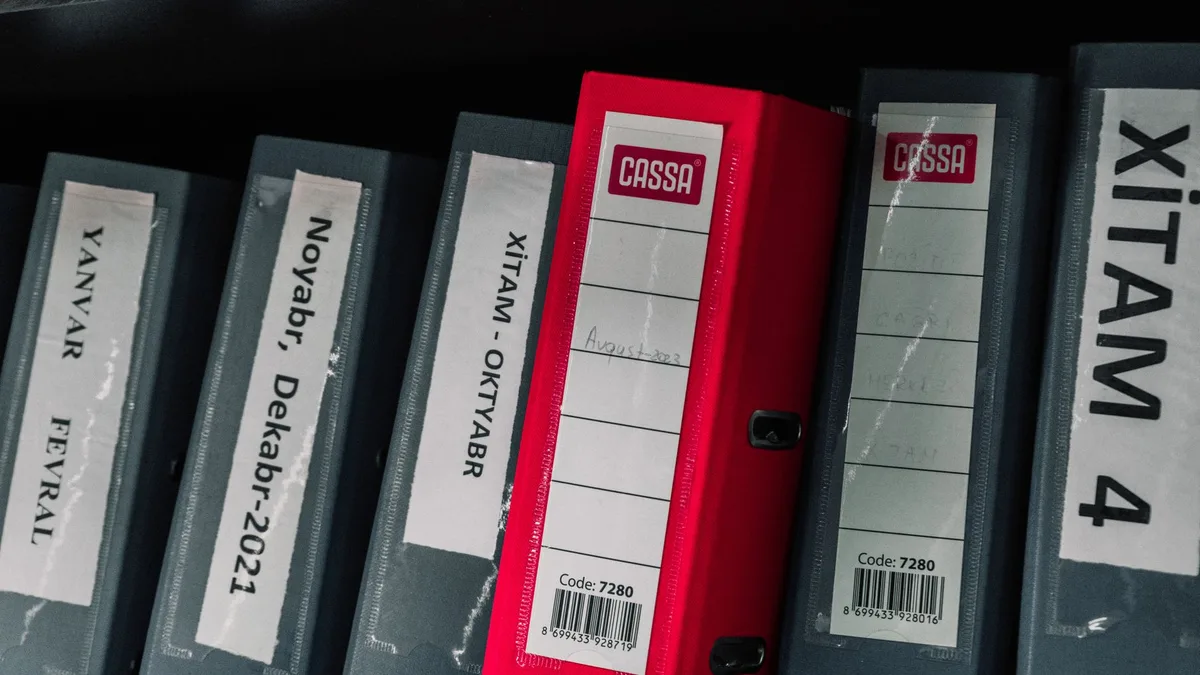 Color-coded office binders organized neatly in a storage shelf, featuring labels and a striking red binder.