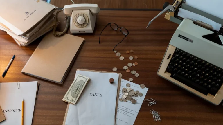 Vintage workspace with typewriter, documents, and telephone on a wooden desk, evoking a classic office setting.