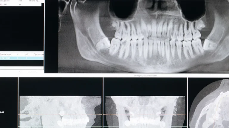 Detail image of a panoramic dental X-ray, showing teeth and jaw structure.