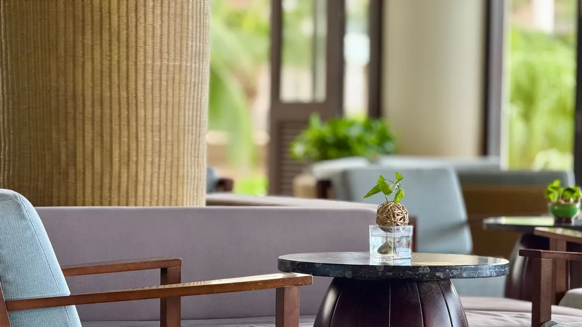 Comfortable indoor lounge with wooden furniture and greenery.