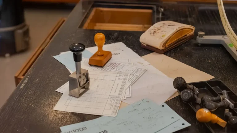 Cluttered desk with office stamps on top of various documents in an office setting.